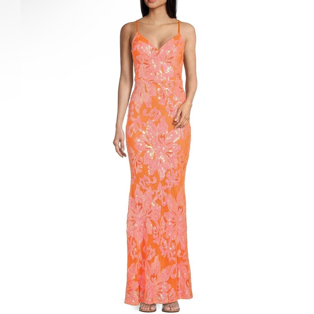 Midnight Doll Orange Floral Sequin Pattern V-Neck Spaghetti Strap Lace Up Dress